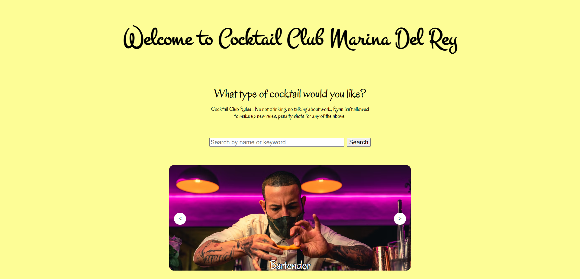 Screenshot of the cocktail club portfolio website