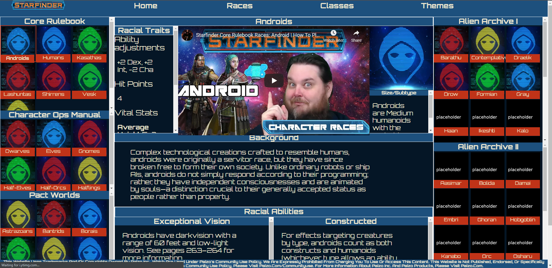 Screenshot of the starfinder character choice website