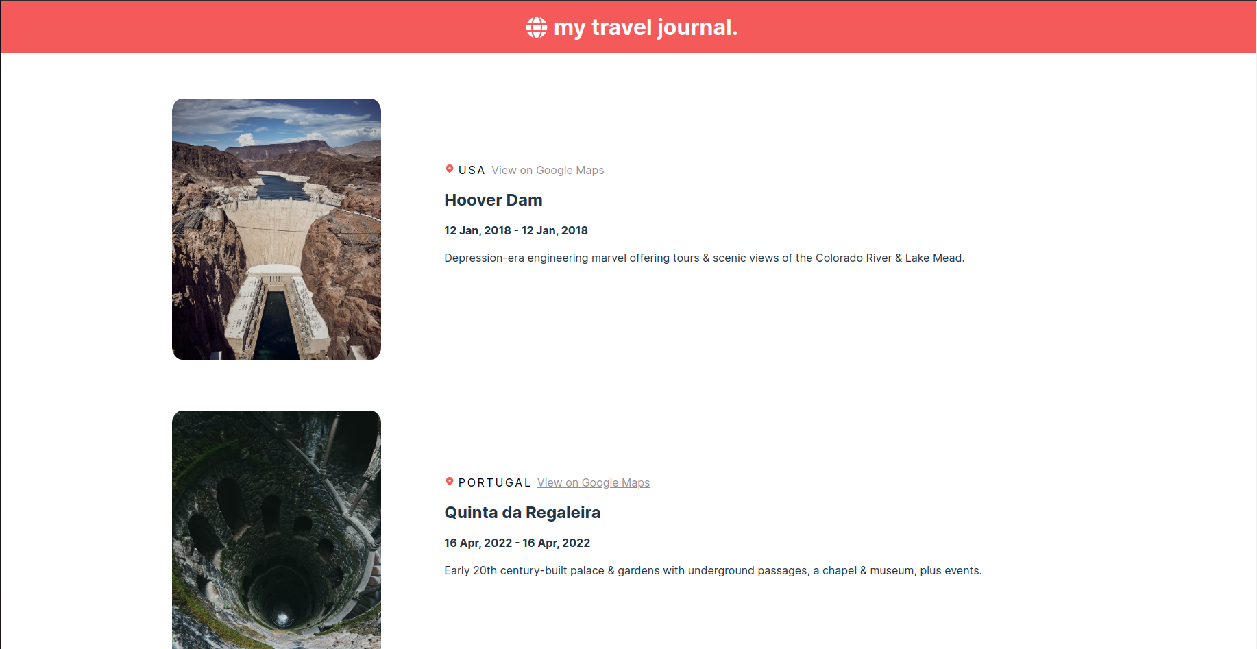 Screenshot of the front page of the travel journal site