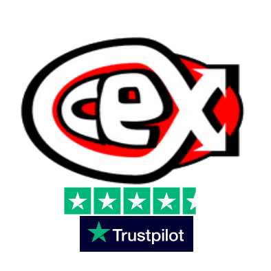 CeX Logo superimposed with high trustpilot score logo